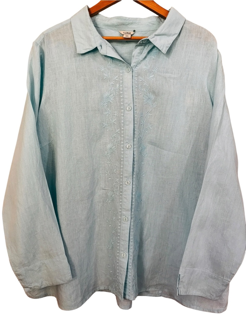 LL Bean 100% Linen Embroidered Button Front Shirt Blouse Blue Coastal Cottage 3X